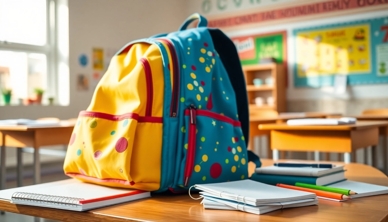 Handtasche für Schulen auf einem Schreibtisch mit Schulmaterialien.