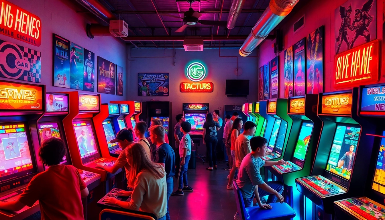 Experience the excitement of Free Classic Retro Games Online in a lively arcade atmosphere filled with nostalgic consoles.