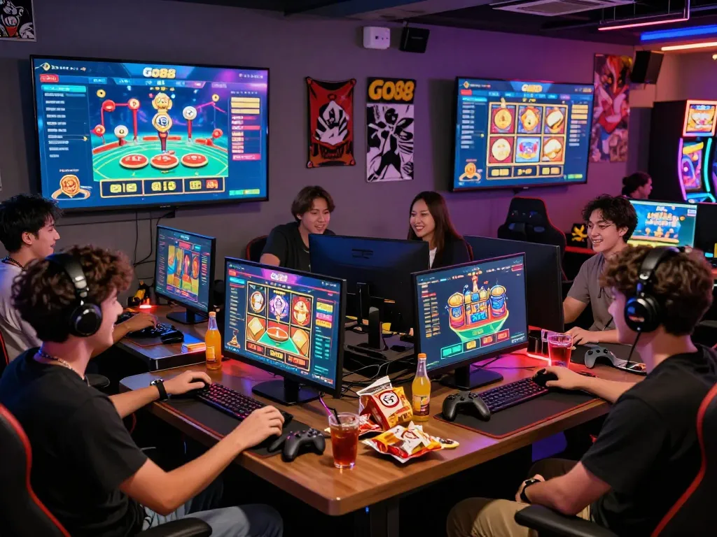 Exciting gaming environment with players engaging in tải go88 games, colorful screens, snacks, and accessories.