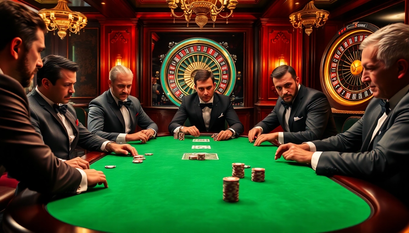 situs bangsawan88 high-stakes poker table showcasing rich players, cards, and chips in an upscale casino.