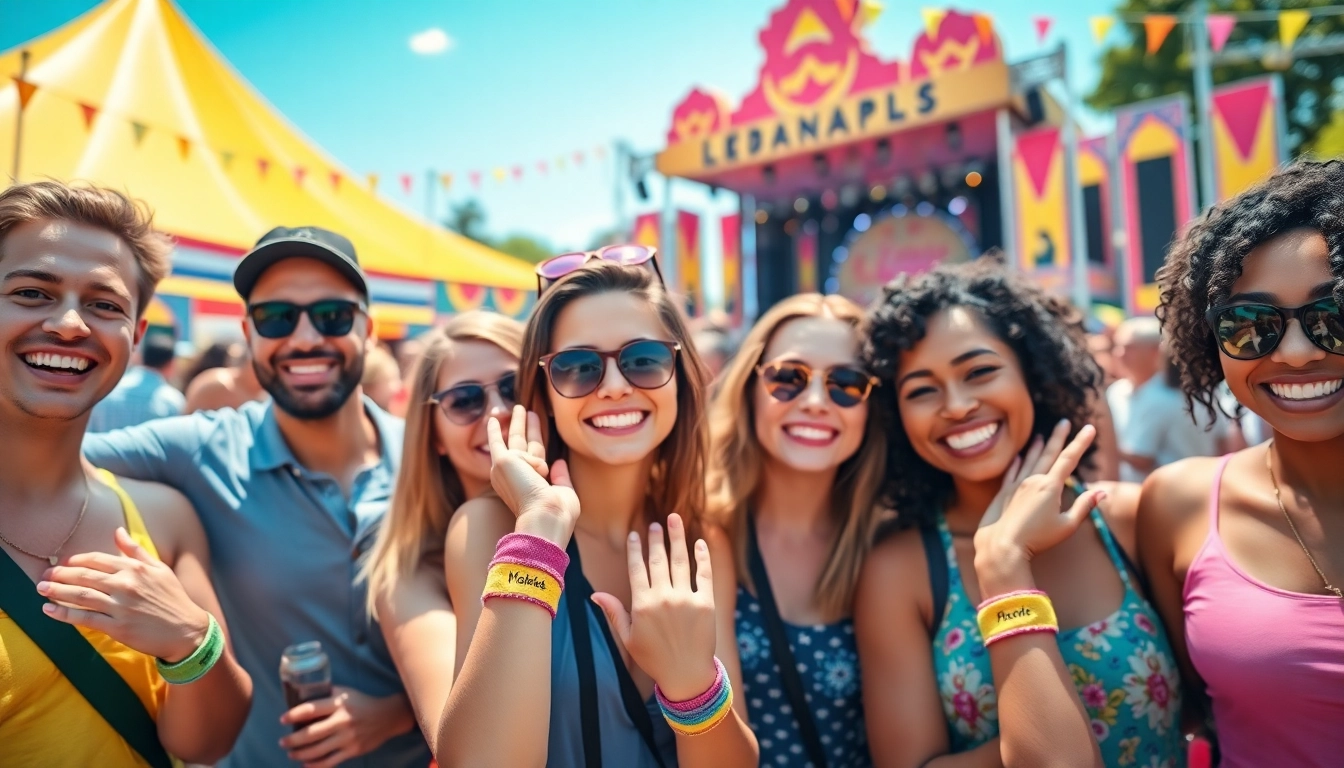 Personalisierte Festivalarmbänder, getragen von Freunden in einer lebhaften Open-Air-Festival-Umgebung.