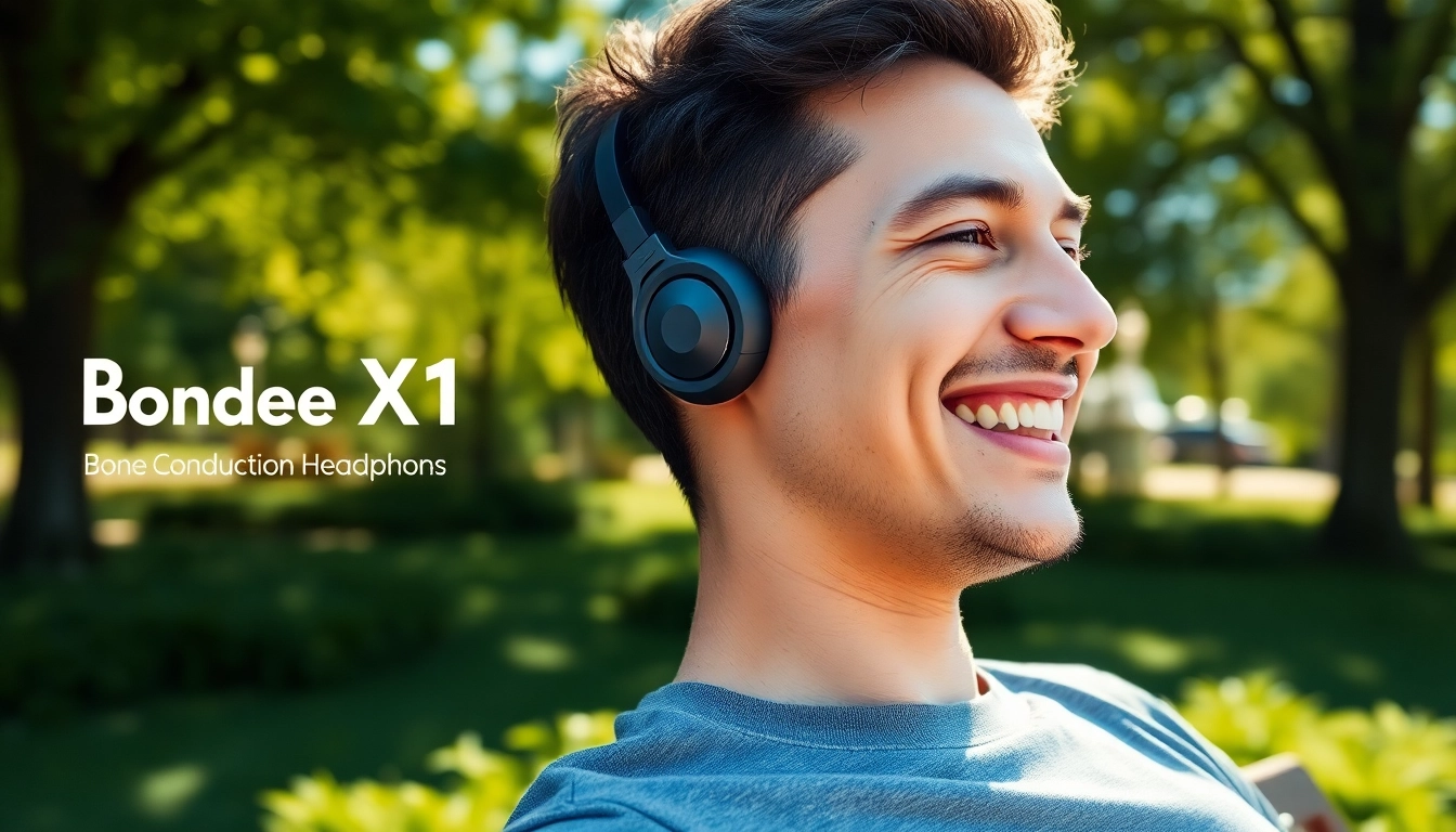 Person enjoying music with Bone X1 Bone Conduction Headphones in a sunny park setting.