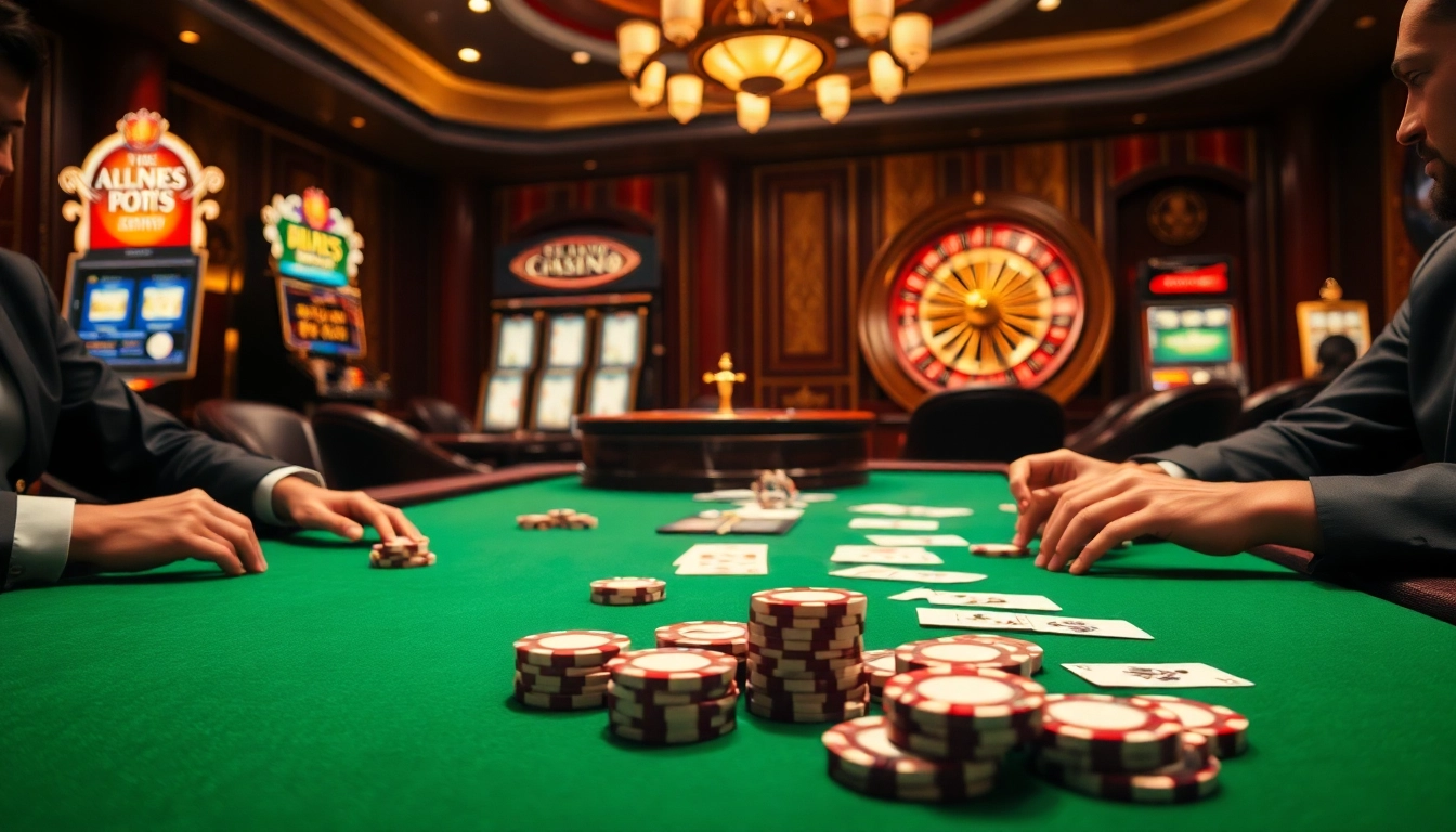 Les joueurs élaborent des stratégies à une table de poker à enjeux élevés dans une atmosphère vibrante de casino en ligne francais.