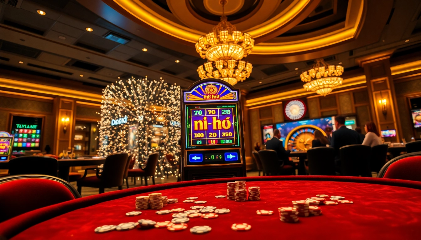 Excited gamblers playing the vibrant "nổ hũ" slot machine in a luxurious casino.