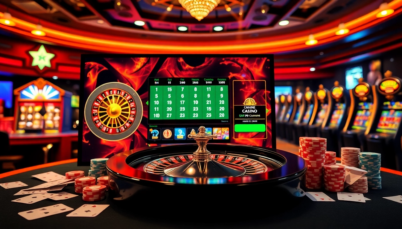 Scène de jeu présentant une interface de casino en ligne français dynamique avec roulette, jetons de poker et cartes à jouer.