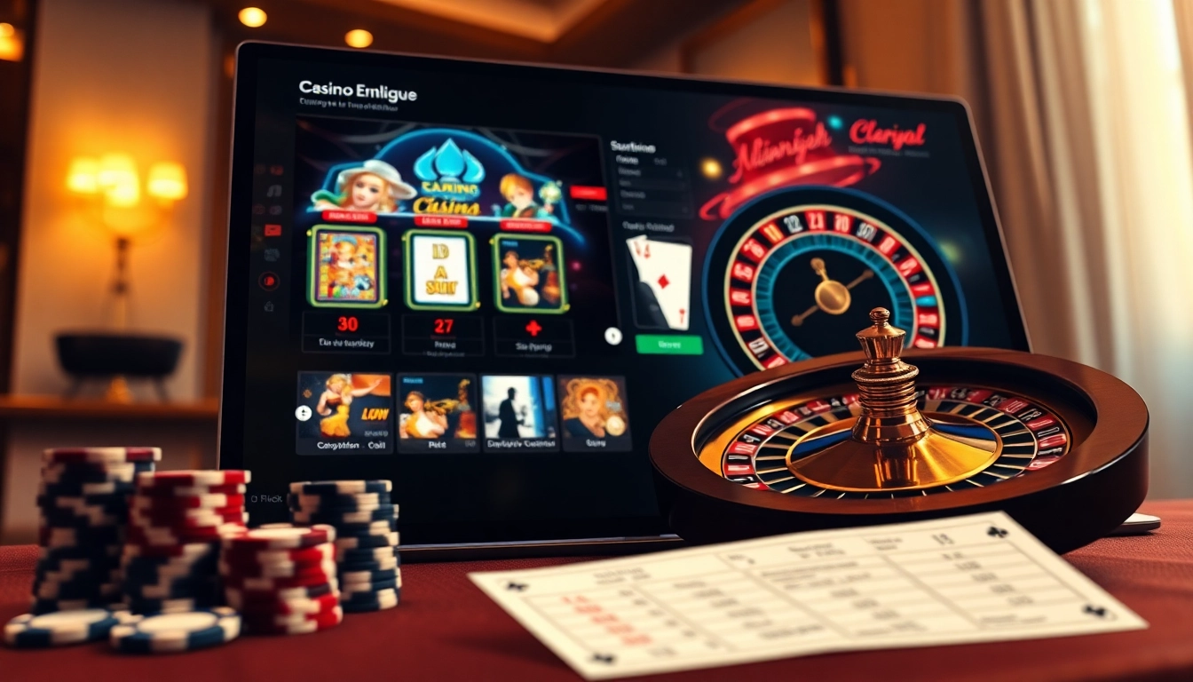 Une interface de jeu en ligne dynamique présentant casino en ligne français avec une roulette tournante et des machines à sous.