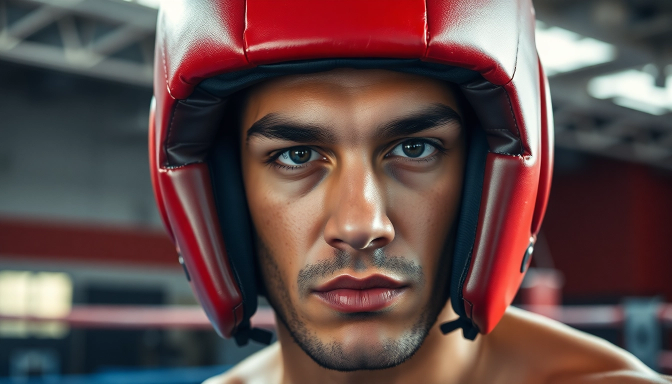 Headgear boxing protects a boxer during training in a vibrant gym environment.
