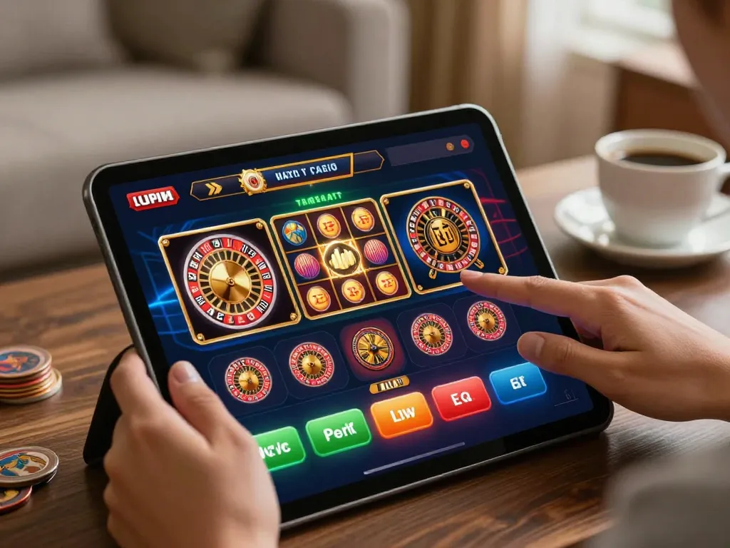 Engaged player using tablet at home for Situs Toto Macau gaming experience, showcasing interactive game features.
